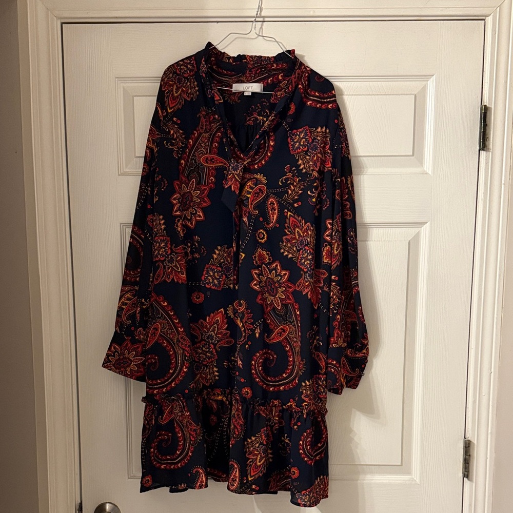 LOFT Long Sleeve Dress in Navy and Red Paisley